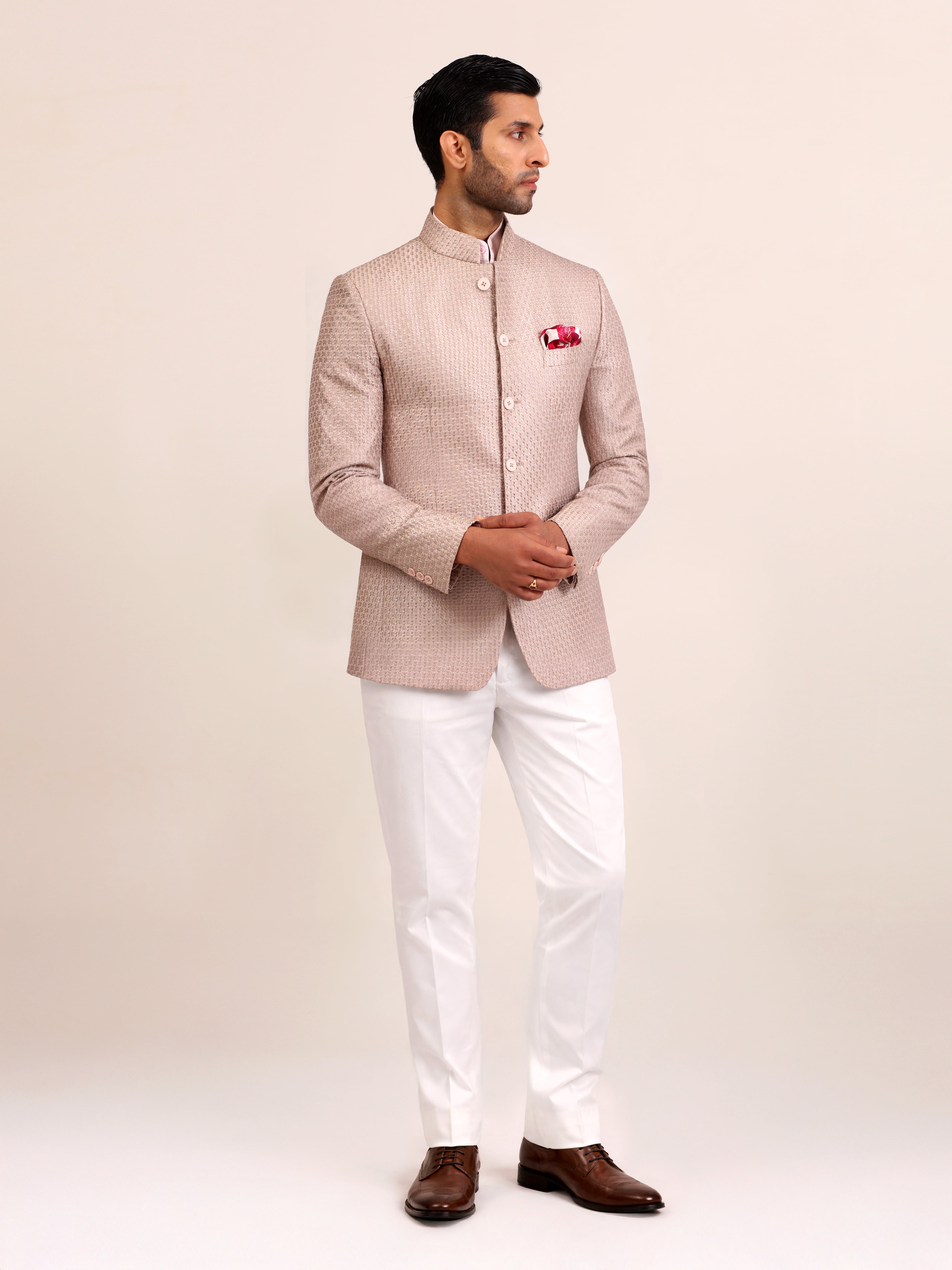 BEIGE BROCADE BANDHGALA