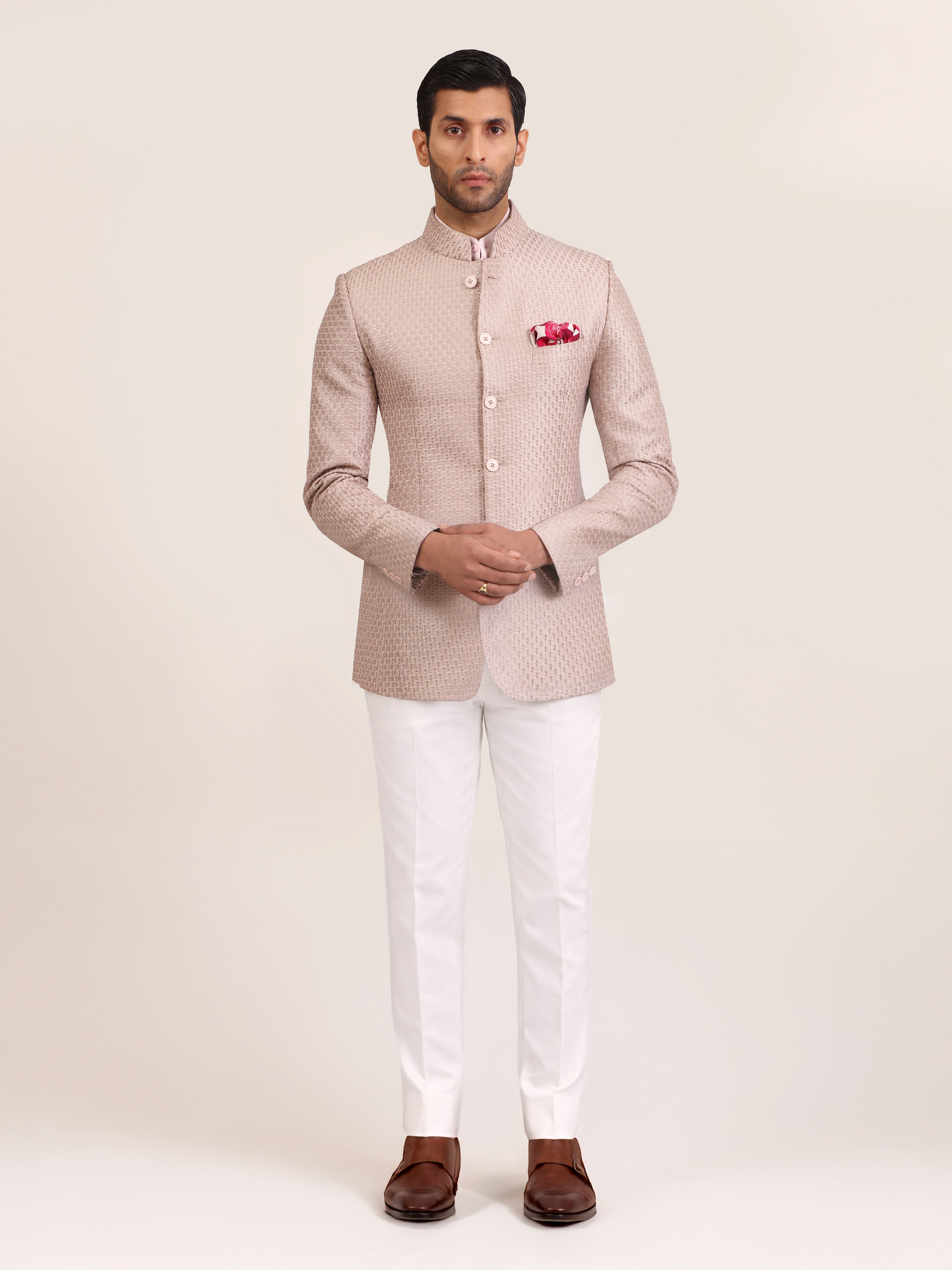 BEIGE BROCADE BANDHGALA