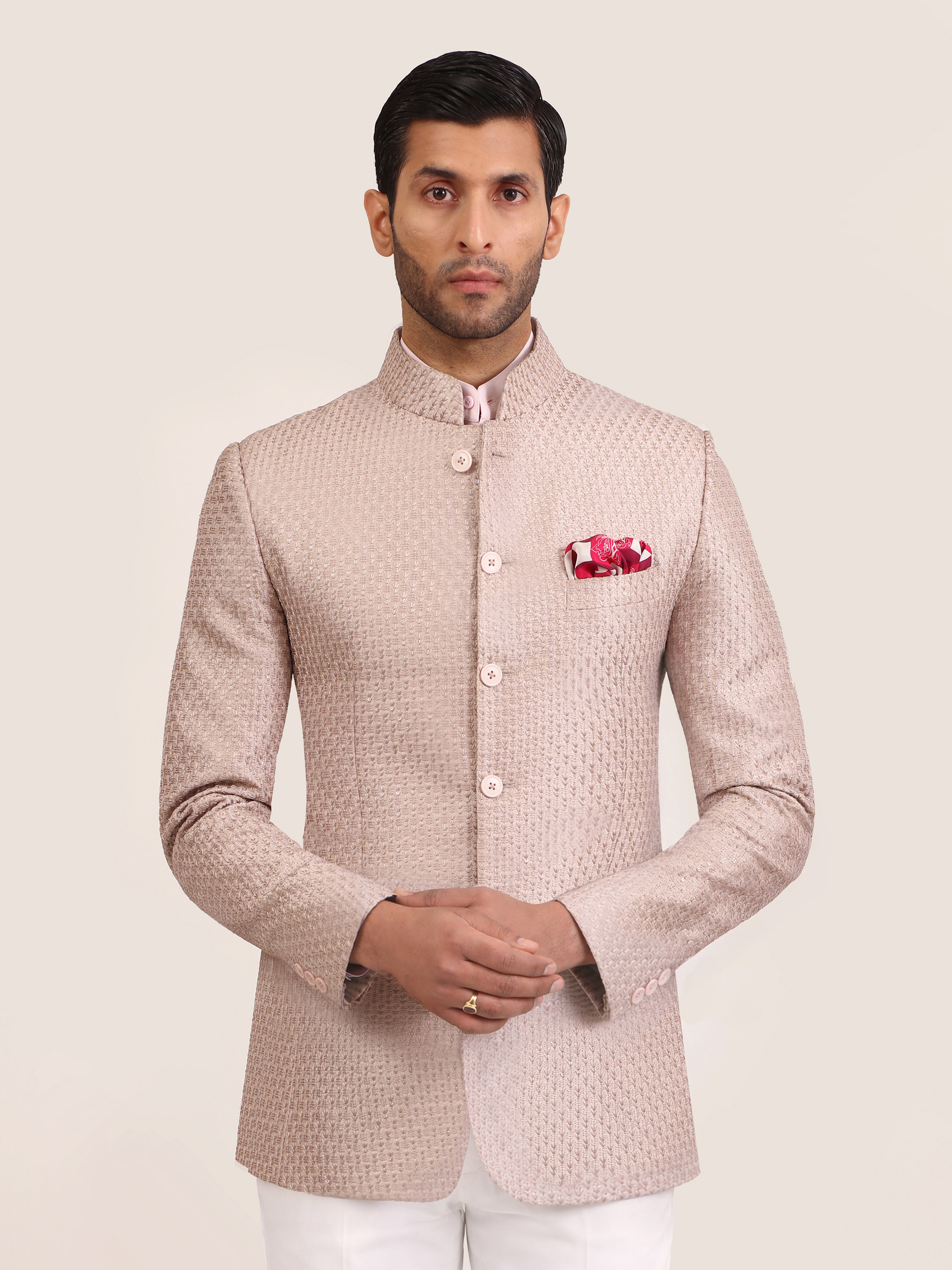 BEIGE BROCADE BANDHGALA