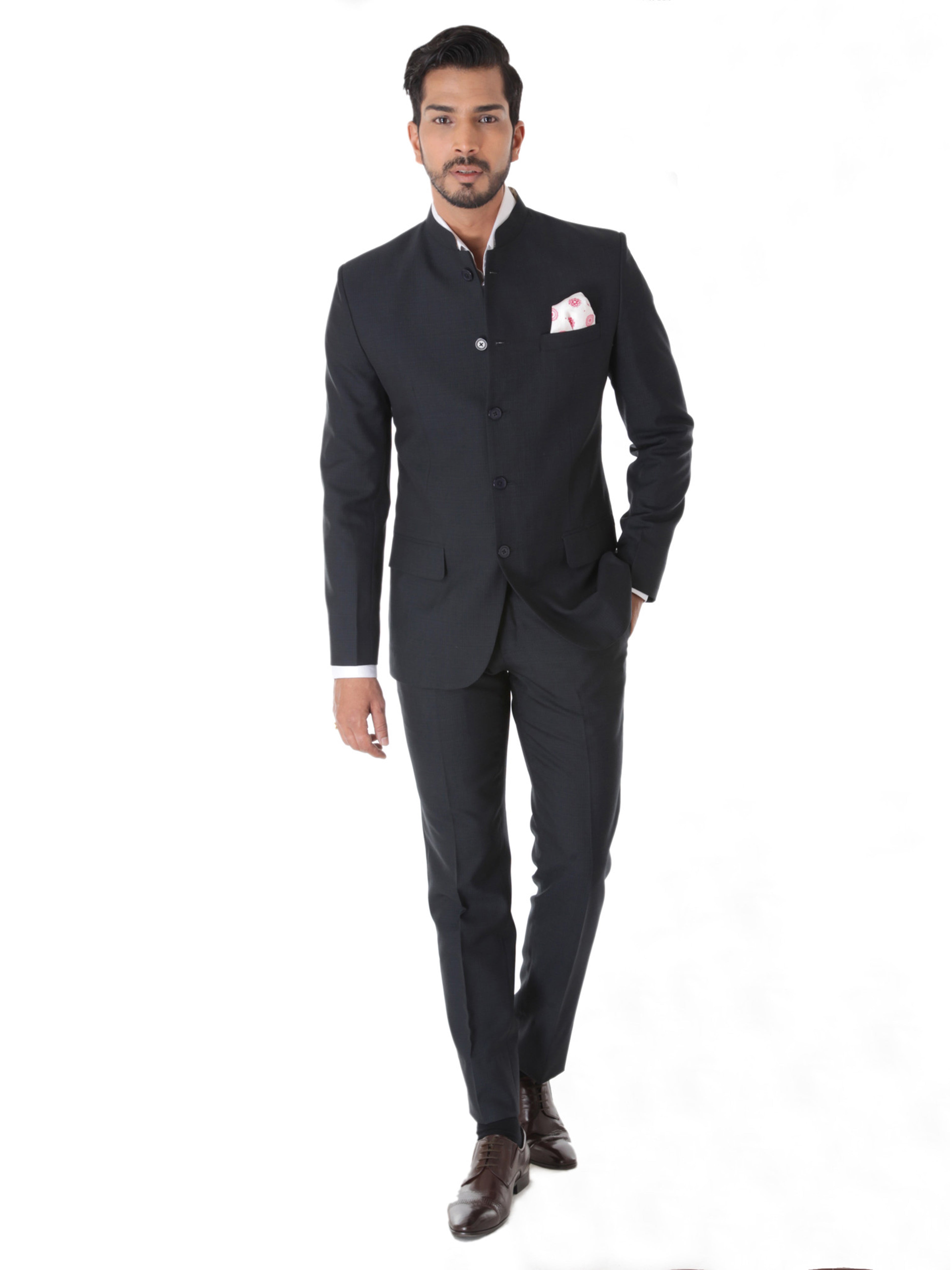 CLASSIC GREY TEXTURE BANDHGALA SUIT WITH POCKET SQUARE