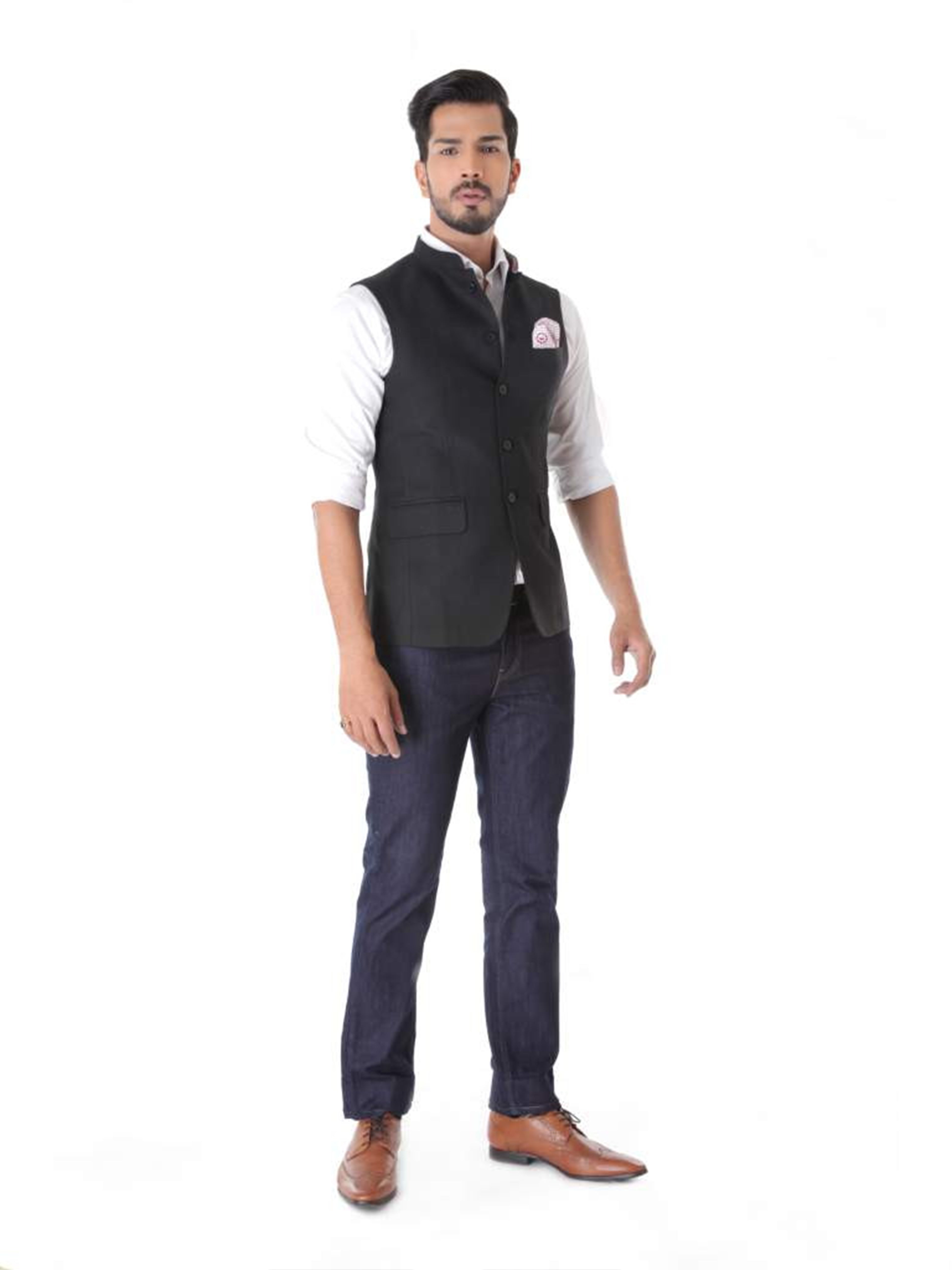 BLACK TEXTURED WOOL WAISTCOAT