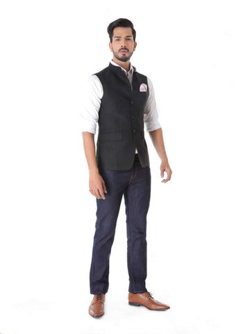 BLACK TEXTURED WOOL WAISTCOAT