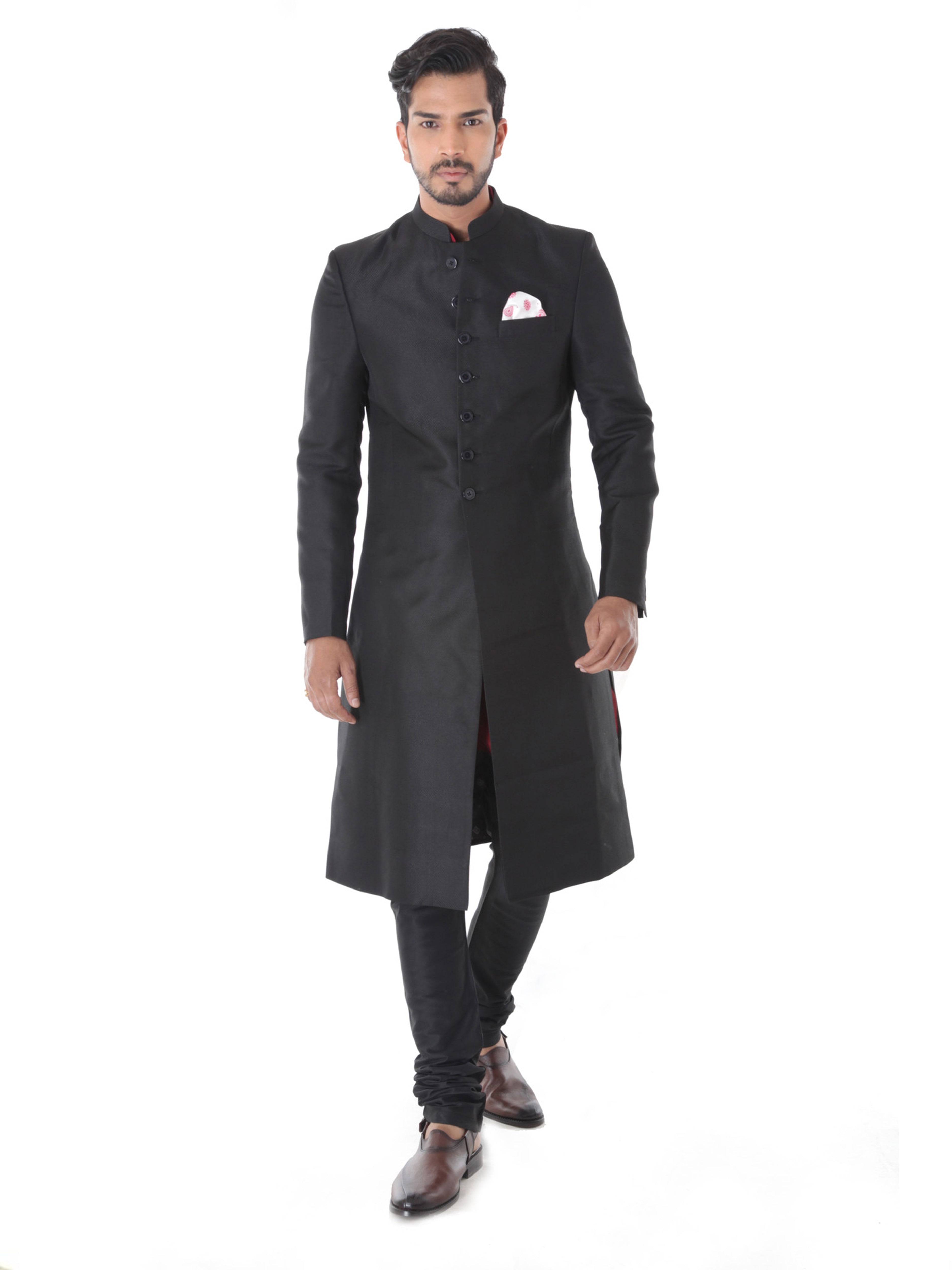 ETHNIC BLACK ACHKAN WITH MAROON KURTA SET