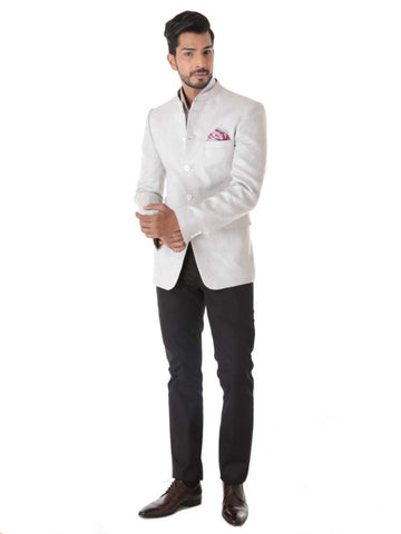 WHITE LINEN BANDHGALA JACKET WITH TROUSER & POCKET SQUARE