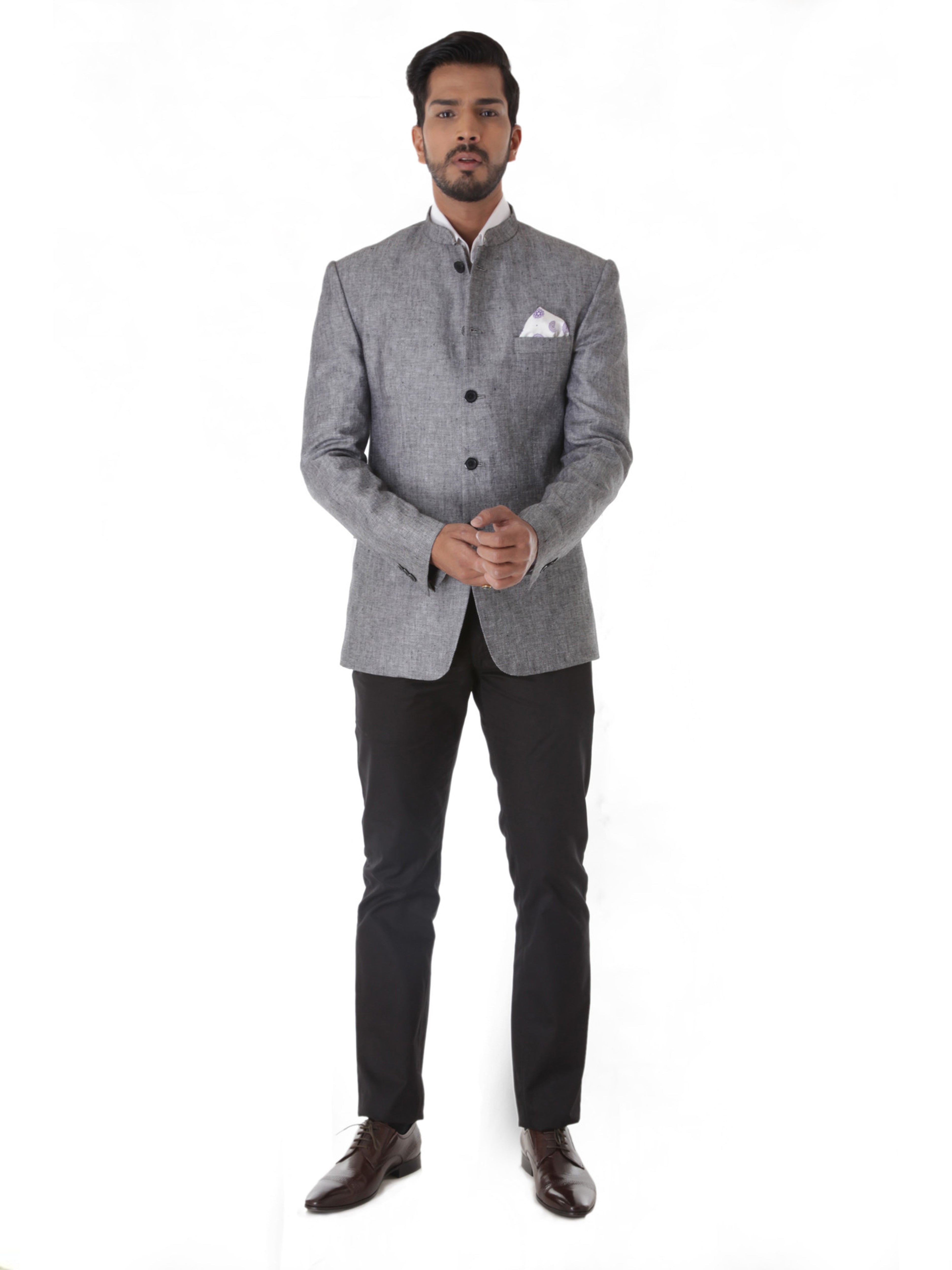 GREY LINEN BANDHGALA JACKET WITH POCKET SQUARE