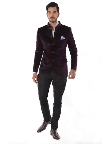 WINE VELVET BANDHGALA JACKET