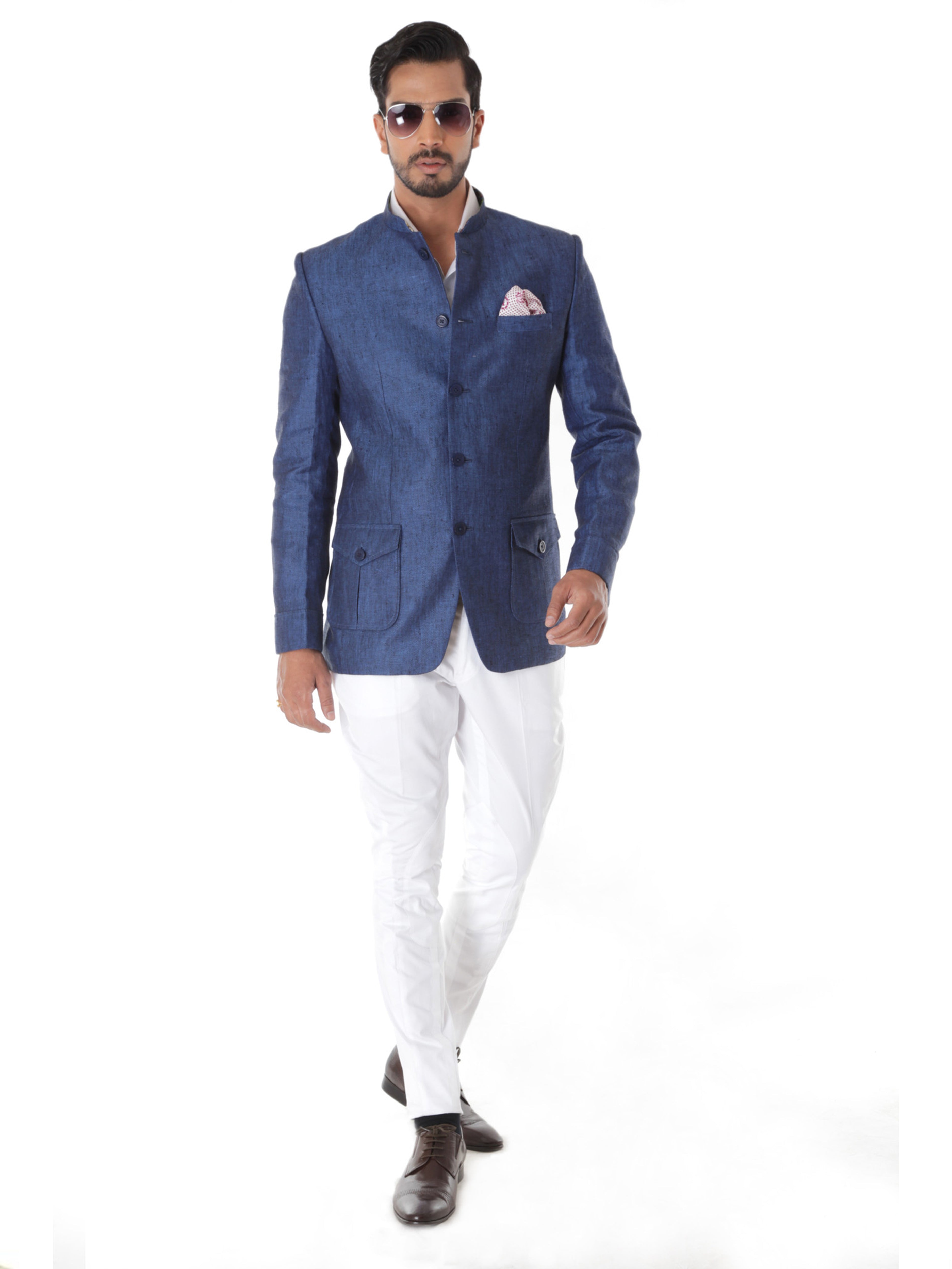 BLUE LINEN BANDHGALA JACKET WHITE BREECHES