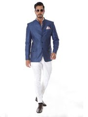 BLUE LINEN BANDHGALA JACKET WHITE BREECHES