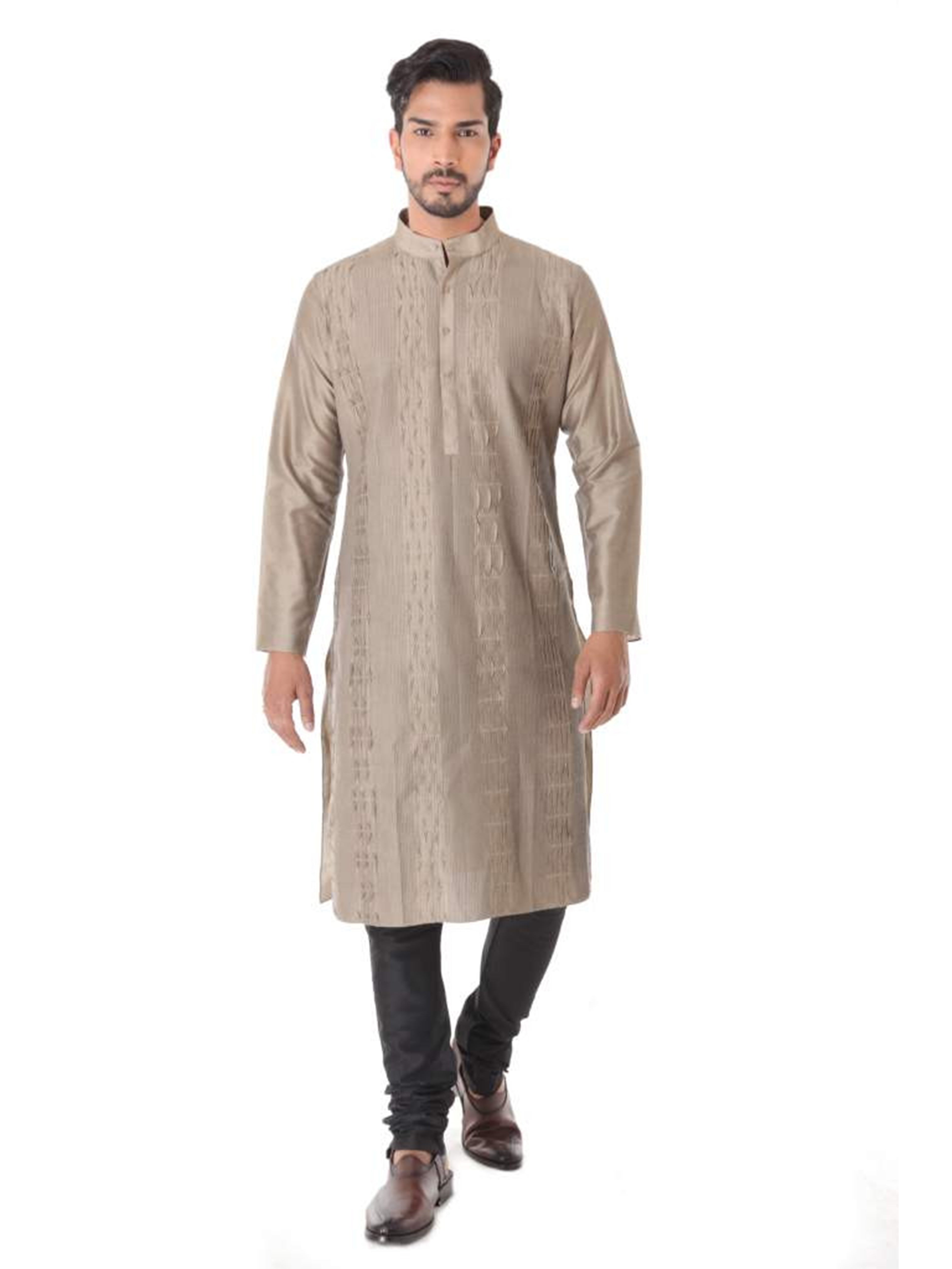 BEIGE COTTON SILK BLEND PINTUCK KURTA WITH BLACK CHURIDAR