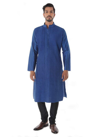 BLUE COTTON SILK BLEND PINTUCK KURTA WITH BLACK CHURIDAR