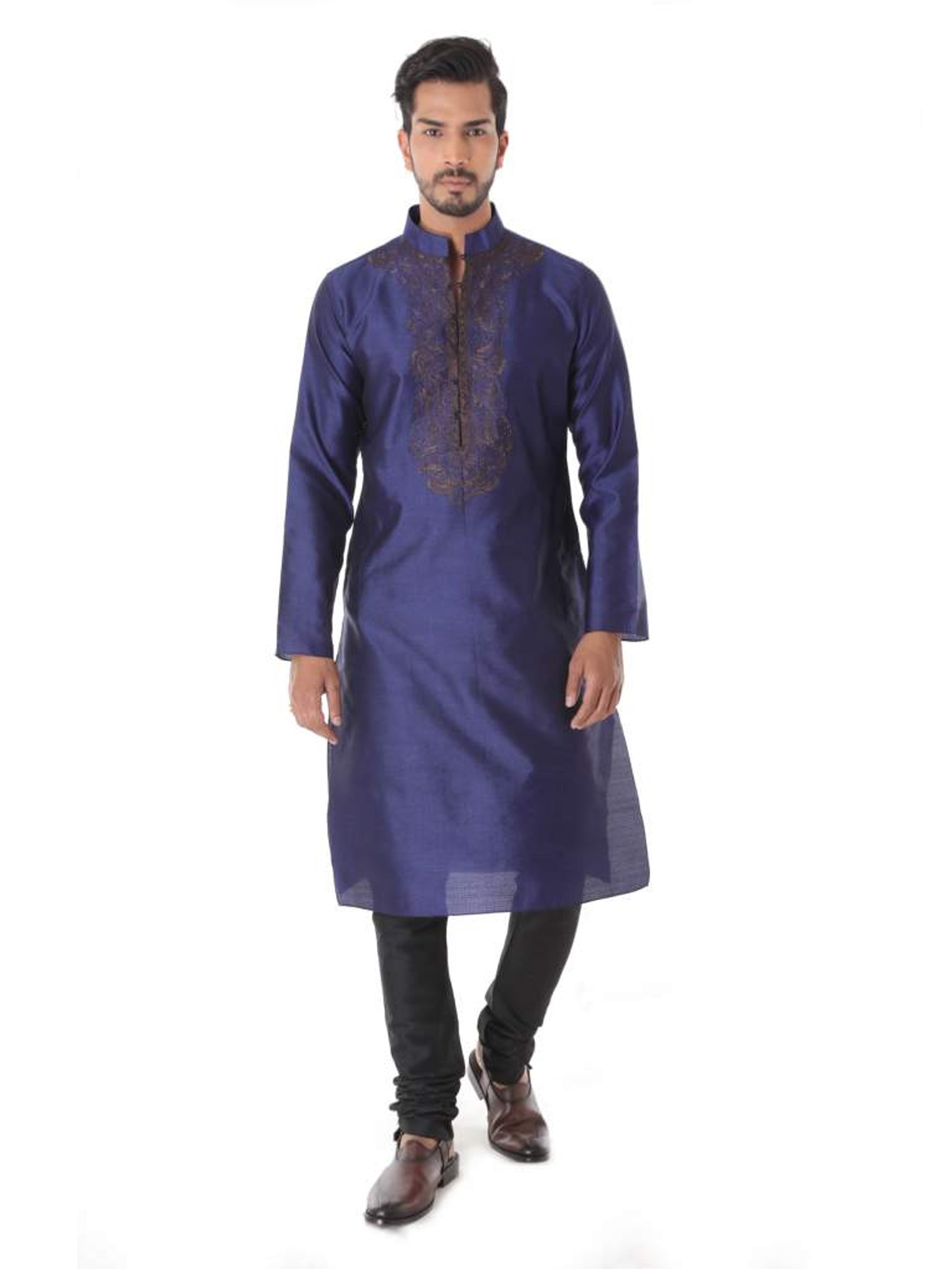 BLUE SILK BLEND JACQUARD KURTA WITH FRONT EMBROIDERY & CHURIDAR