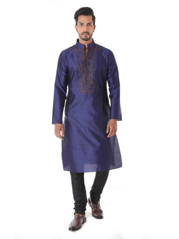 BLUE SILK BLEND JACQUARD KURTA WITH FRONT EMBROIDERY & CHURIDAR