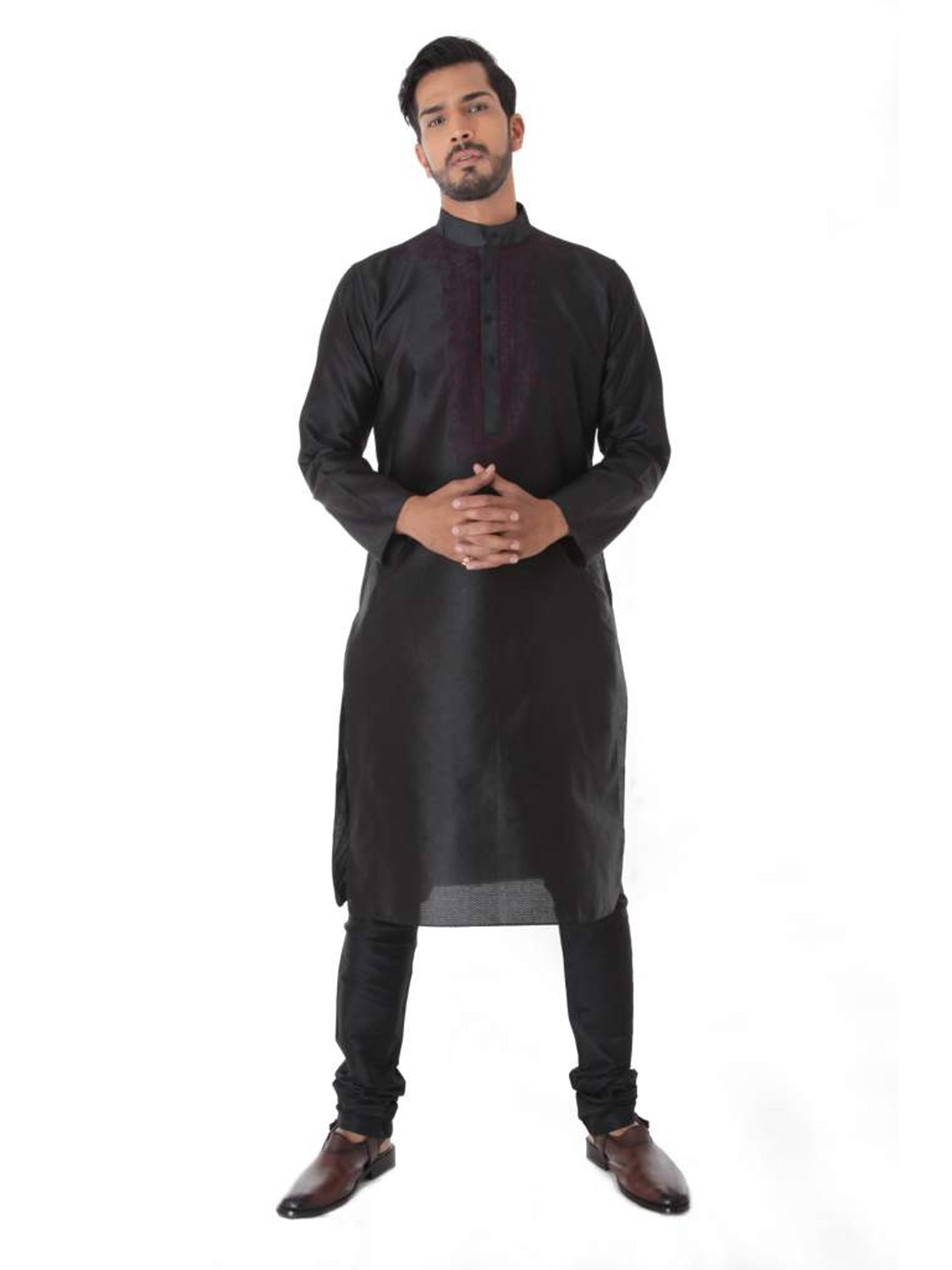 BLACK SILK BLEND JACQUARD KURTA FRONT EMBROIDERY WITH CHURIDAR