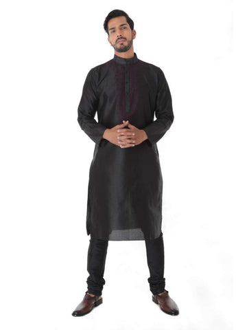 BLACK SILK BLEND JACQUARD KURTA FRONT EMBROIDERY WITH CHURIDAR