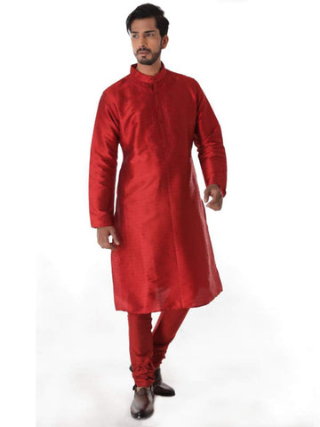 MAROON SILK BLEND JACQUARD KURTA WITH FRONT EMBROIDERY & CHURIDAR
