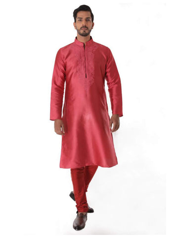 LIGHT MAROON SILK JACQUARD KURTA WITH FRONT EMBROIDERY & CHURIDAR