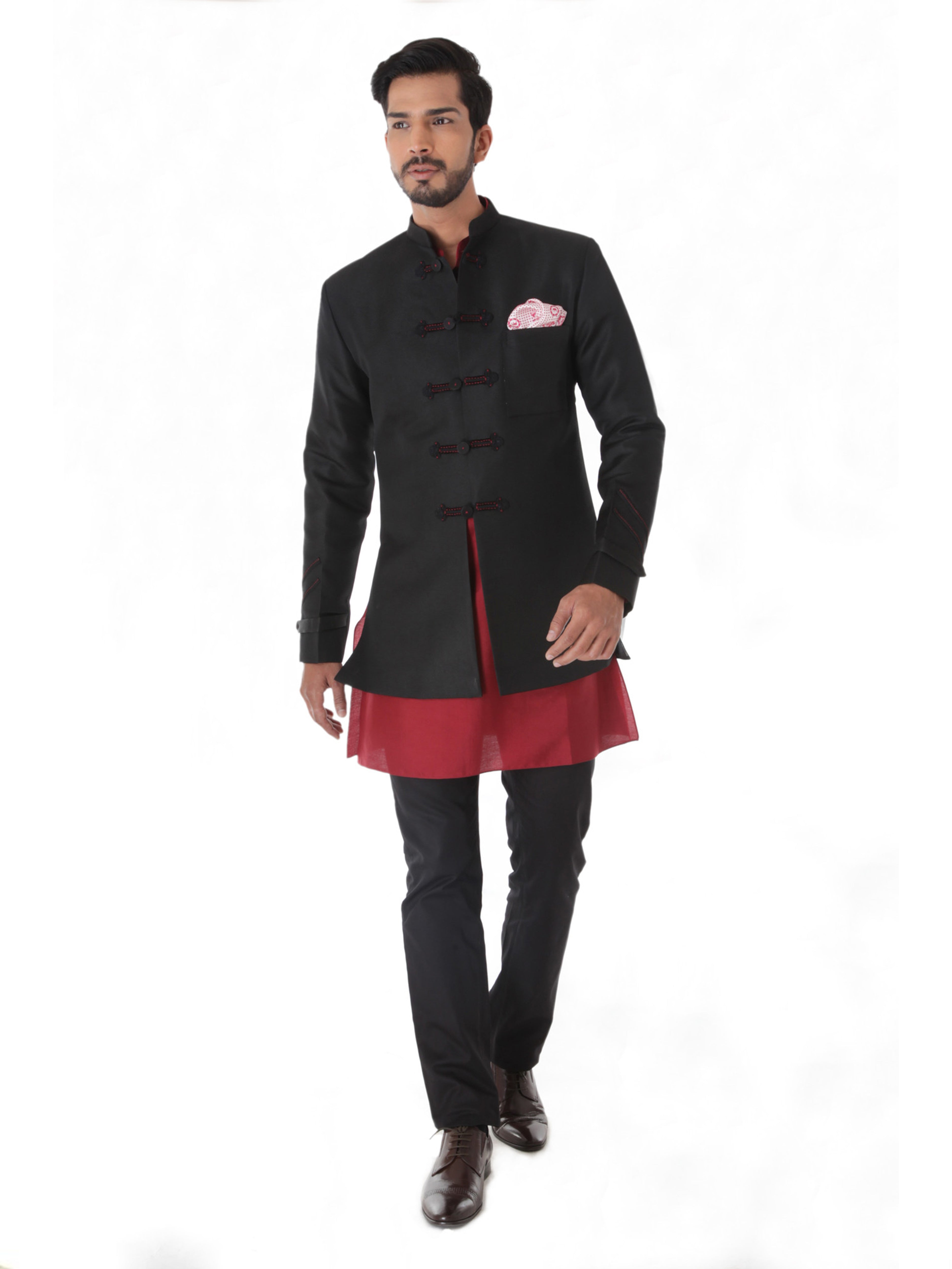 BLACK JACQUARD LINEN SILK BANDHGALA JACKET SET