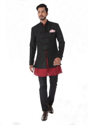 BLACK JACQUARD LINEN SILK BANDHGALA JACKET SET