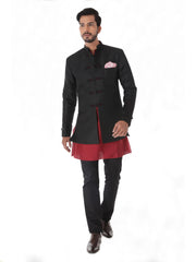 BLACK JACQUARD LINEN SILK BANDHGALA JACKET SET