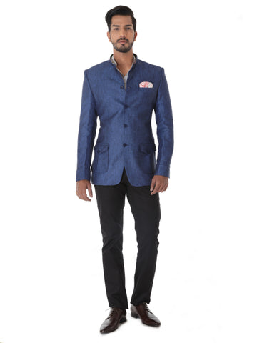 BLUE LINEN  BANDHGALA JACKET WITH FLAP POCKET