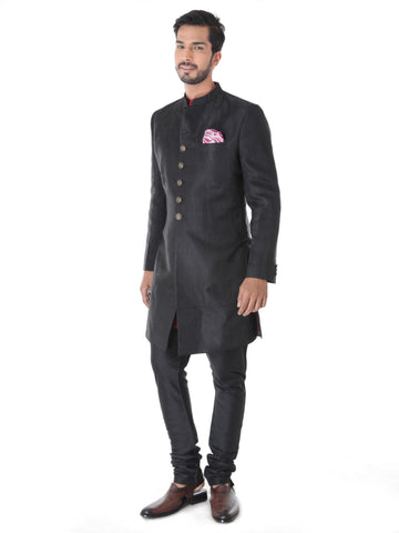 ETHNIC JACQUARD BLACK ACHKAN WITH  MAROON KURTA SET