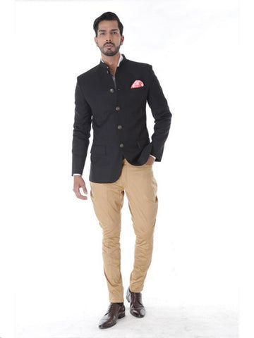 BLACK BANDHGALA JACKET WITH MUSTARD BREECHES