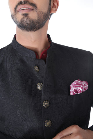 Ethnic Jacquard Black Achkan With  Maroon Kurta Set