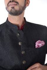 Ethnic Jacquard Black Achkan With  Maroon Kurta Set