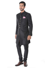 Ethnic Jacquard Black Achkan With  Maroon Kurta Set
