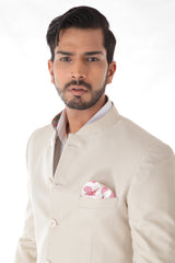 Classic Off white Bandhgala Suit with Pocket Square