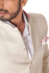 Classic Off white Bandhgala Suit with Pocket Square