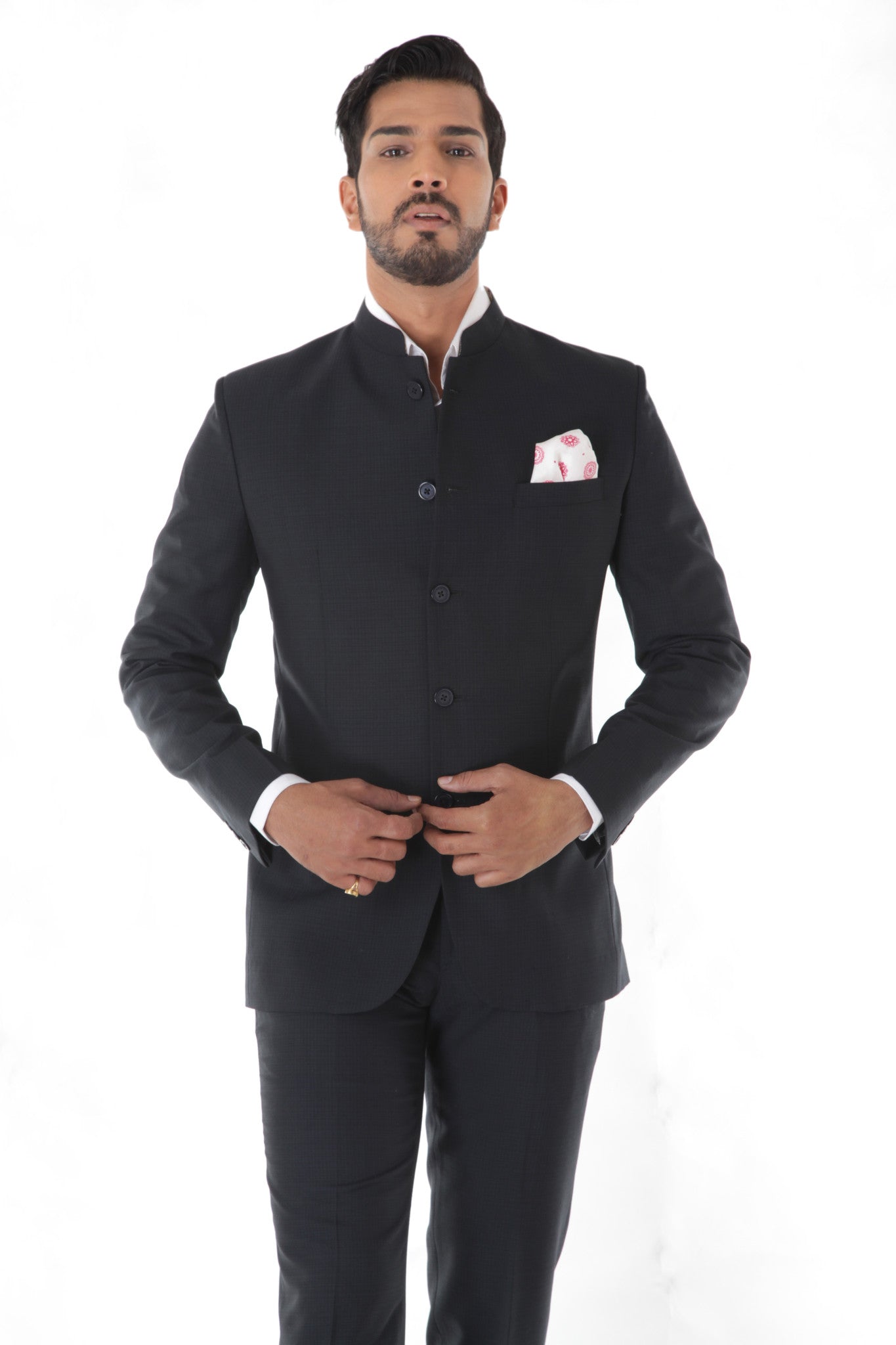 CLASSIC GREY TEXTURE BANDHGALA SUIT WITH POCKET SQUARE