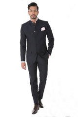 Classic Grey Texture Bandhgala Suit with Pocket Square