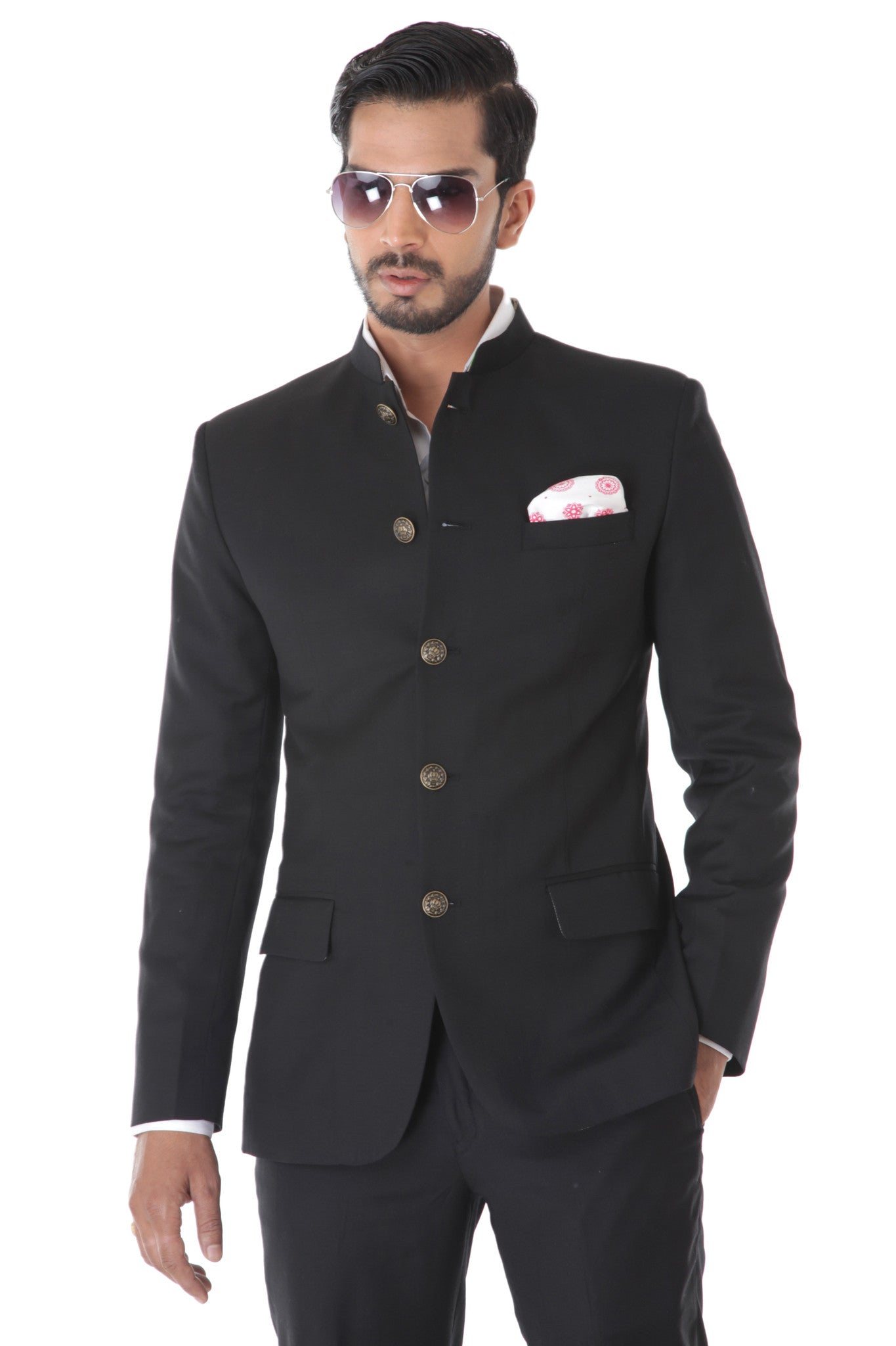 CLASSIC BLACK BANDHGALA SUIT WITH METAL BUTTON