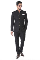 Classic Black Bandhgala Suit With Metal Button