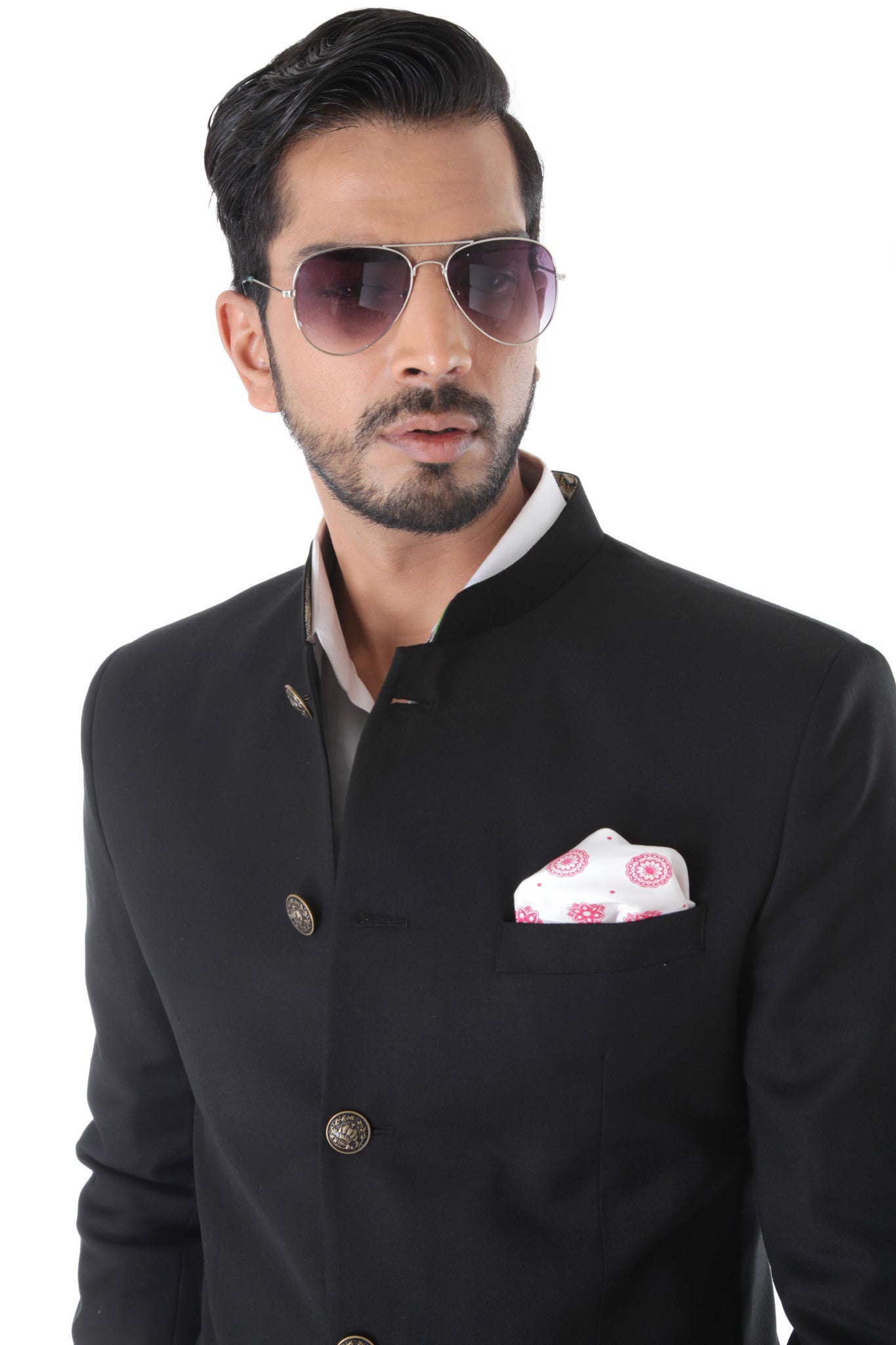 CLASSIC BLACK BANDHGALA SUIT WITH METAL BUTTON