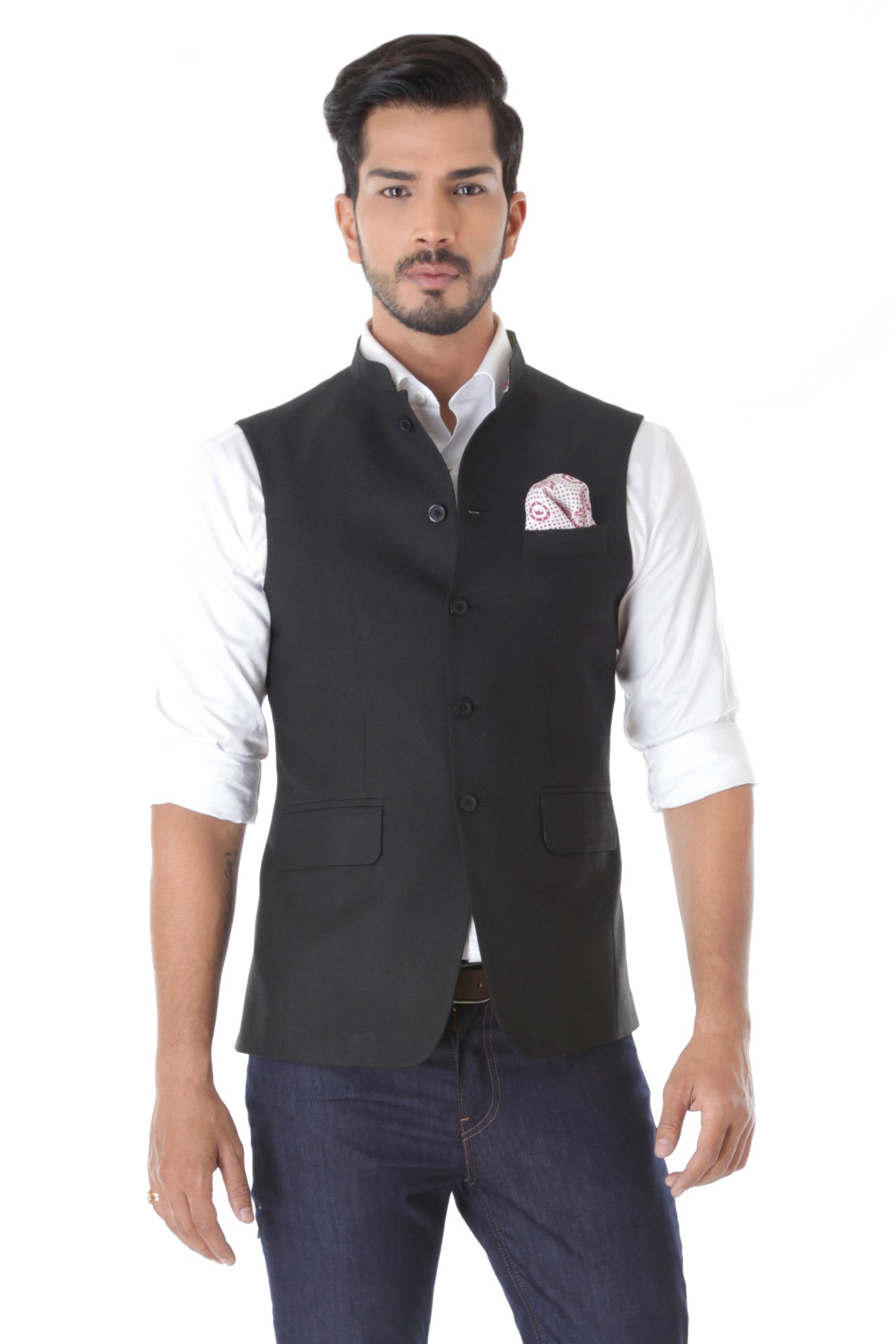 BLACK TEXTURED WOOL WAISTCOAT