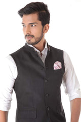 Black Textured Wool  Waist Coat