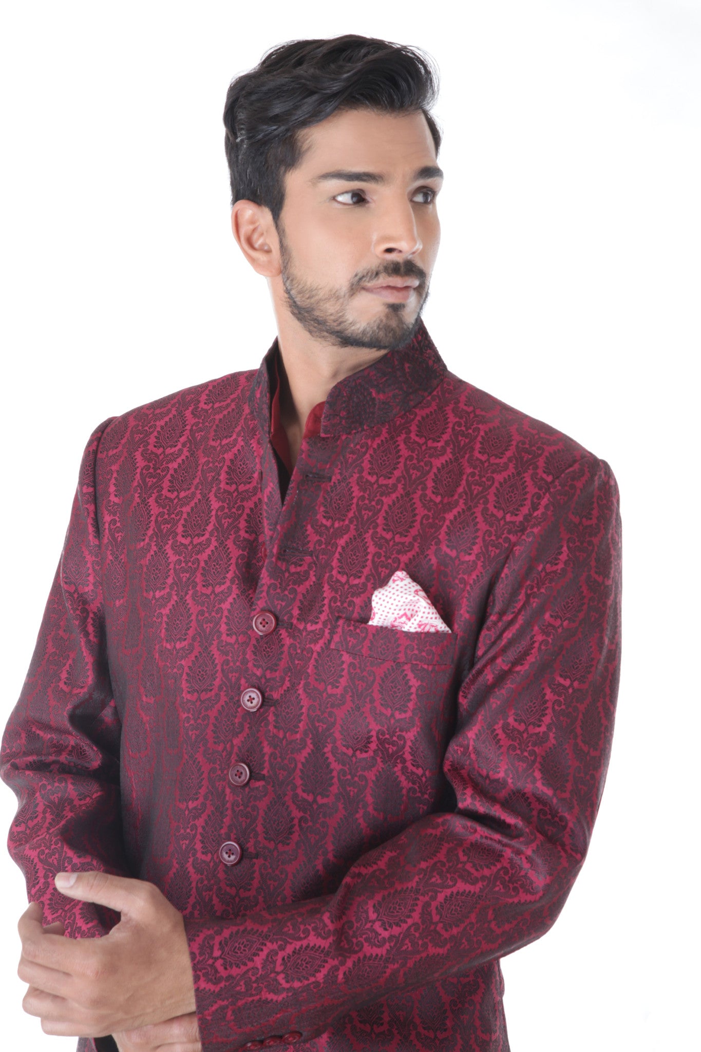 ETHNIC JACQUARD MAROON ACHKAN WITH BLACK CHURIDAR SET