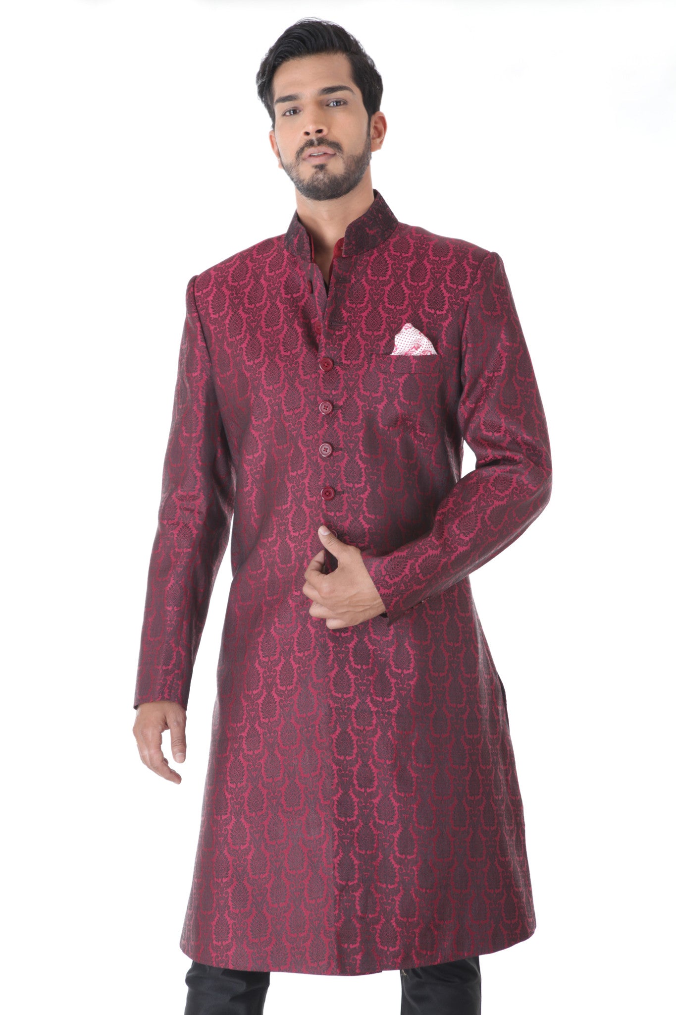 ETHNIC JACQUARD MAROON ACHKAN WITH BLACK CHURIDAR SET