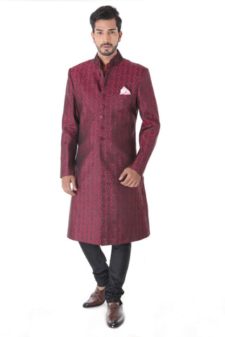 Ethnic Jacquard Maroon Achkan with Black Churidar Set