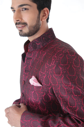 Ethnic Jacquard Maroon Achkan with Black Churidar Set