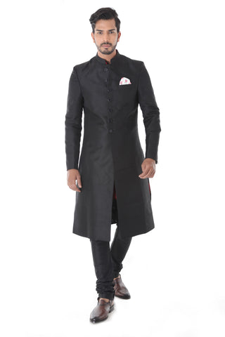 Ethnic Black Achkan with Maroon Kurta Set
