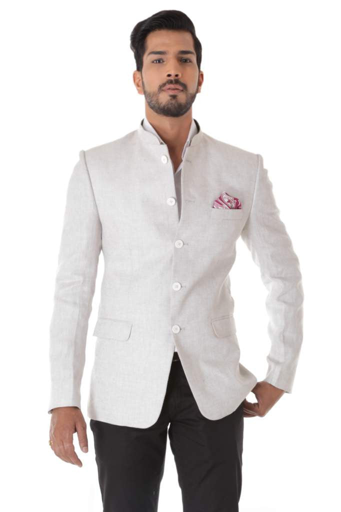 WHITE LINEN BANDHGALA JACKET WITH TROUSER & POCKET SQUARE