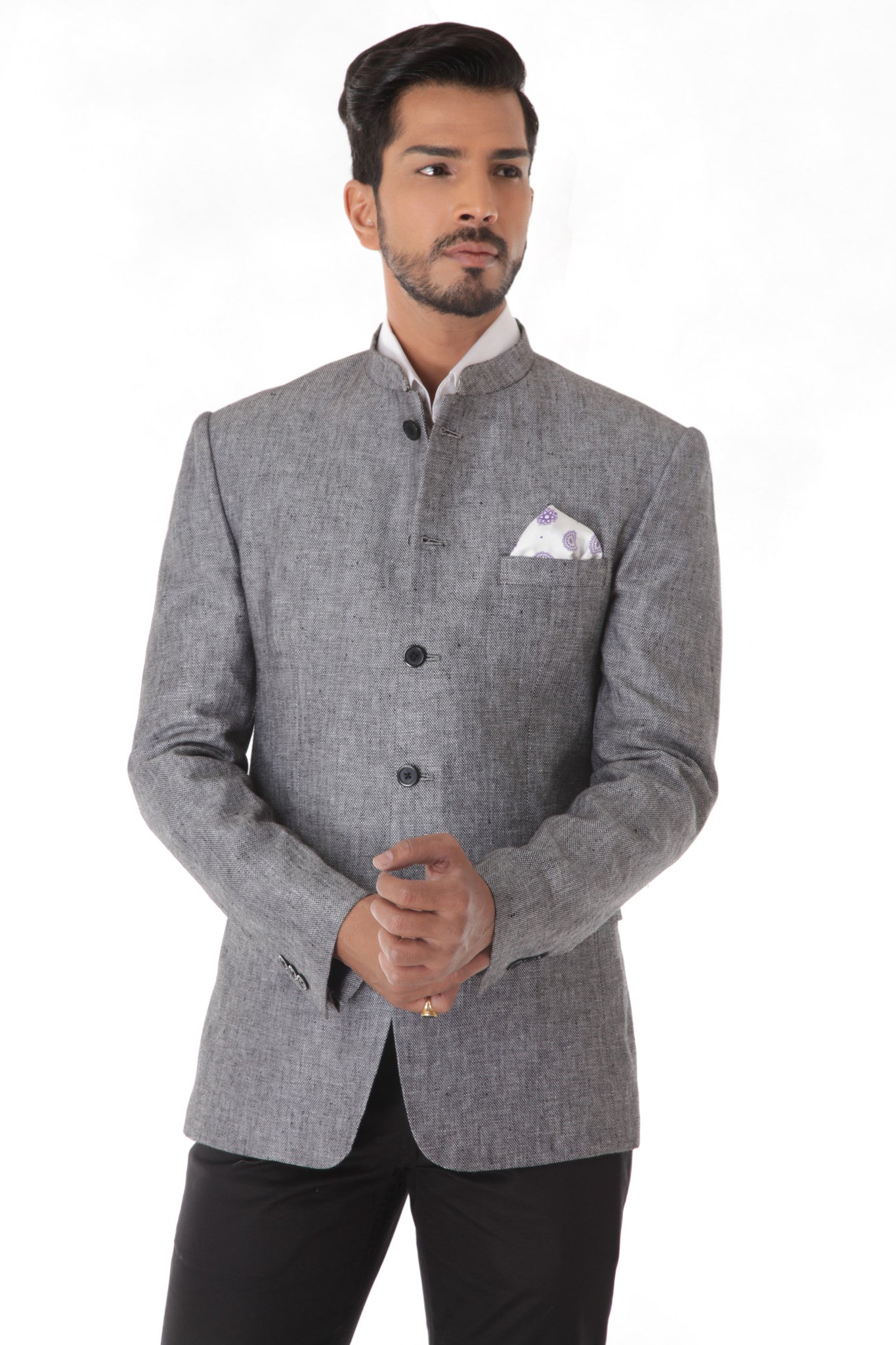 GREY LINEN BANDHGALA JACKET WITH POCKET SQUARE