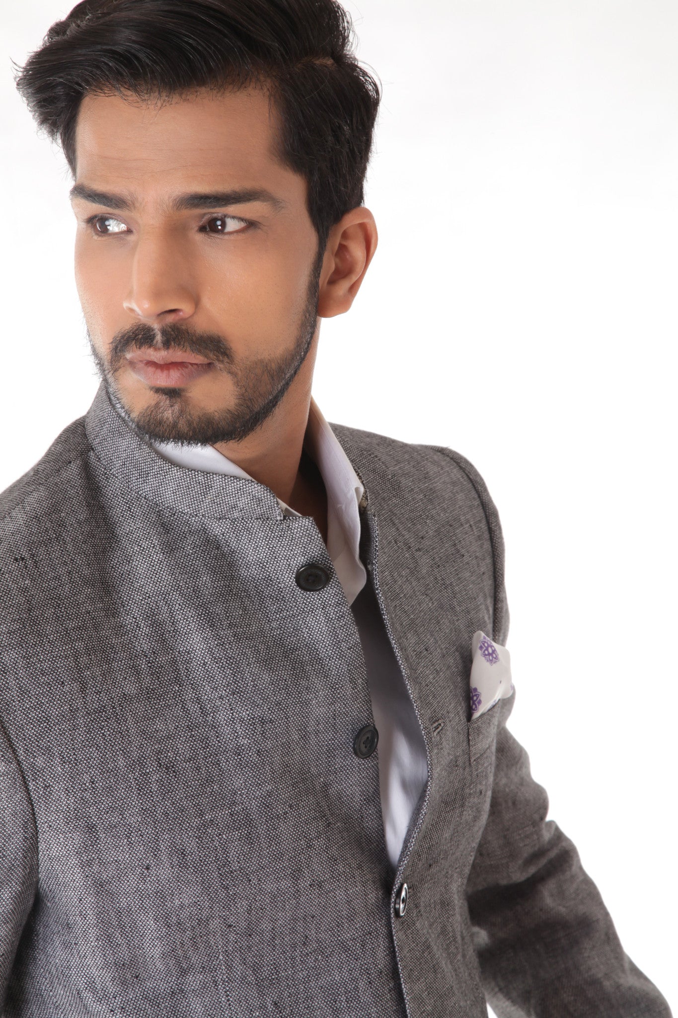 GREY LINEN BANDHGALA JACKET WITH POCKET SQUARE