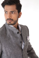 Grey Linen Bandhgala Jacket with Pocket Square