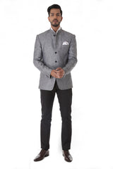 Grey Linen Bandhgala Jacket with Pocket Square