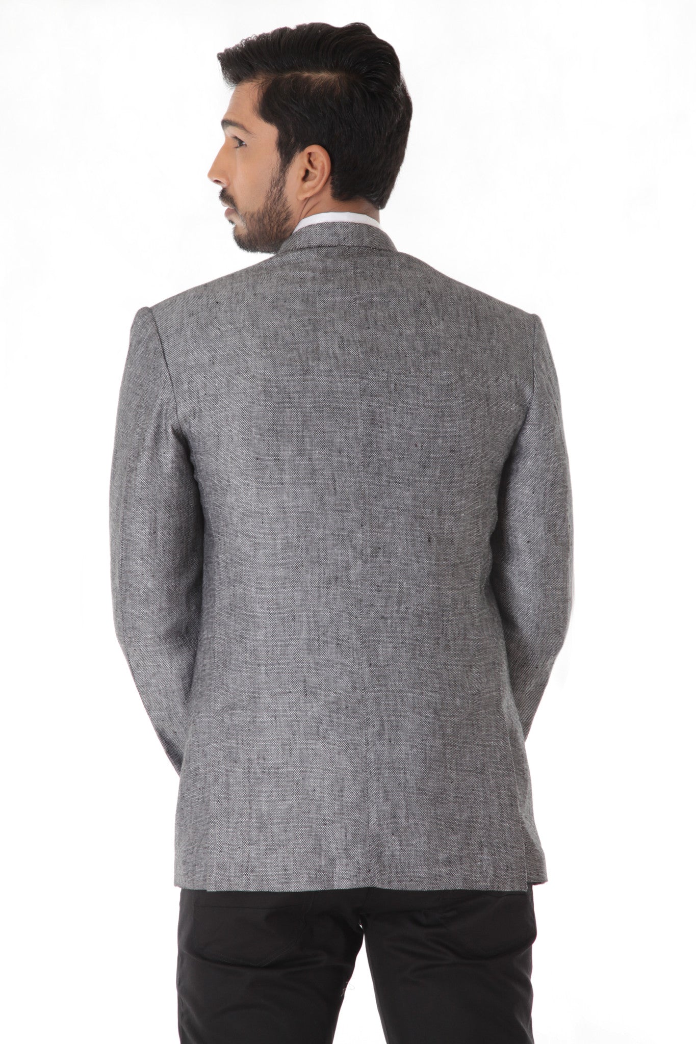 GREY LINEN BANDHGALA JACKET WITH POCKET SQUARE