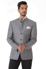 Grey Linen Bandhgala Jacket with Pocket Square